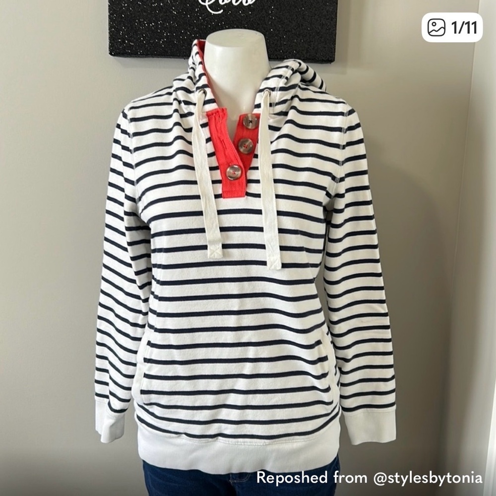 Boden Navy Striped Hoodie with Red Button Placket